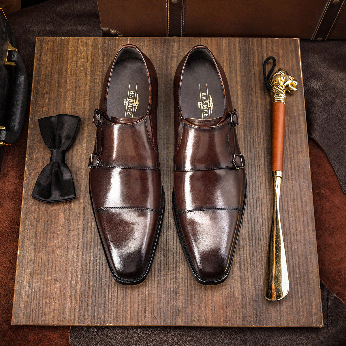 Mens Double Buckle Leather Monk Shoes