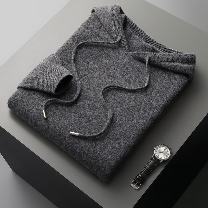 Mens Hooded Cashmere Blend Long Sleeve Knit Pullover