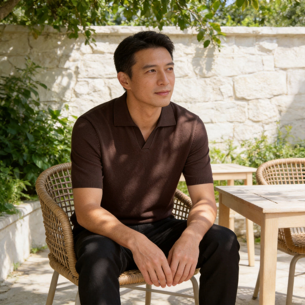 Mens Casual Mulberry Silk Blend Polo Shirt Short Sleeve Scissor Collar