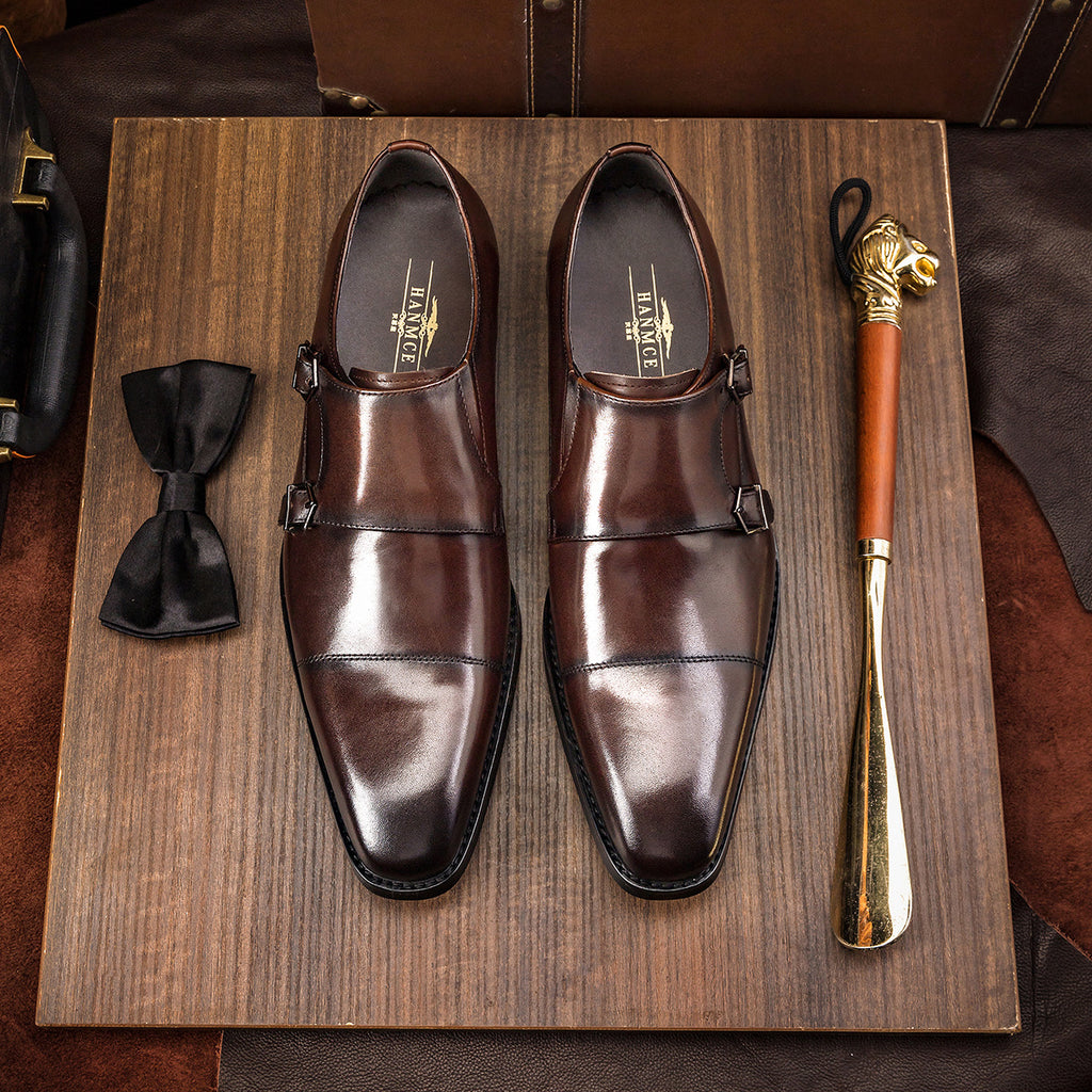 Mens Double Buckle Leather Monk Shoes