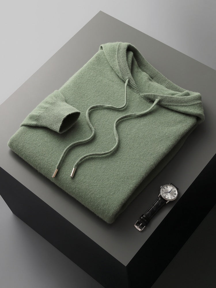 Mens Hooded Cashmere Blend Long Sleeve Knit Pullover