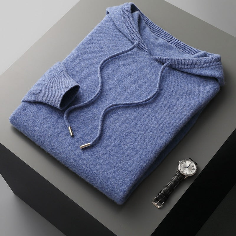Mens Hooded Cashmere Blend Long Sleeve Knit Pullover