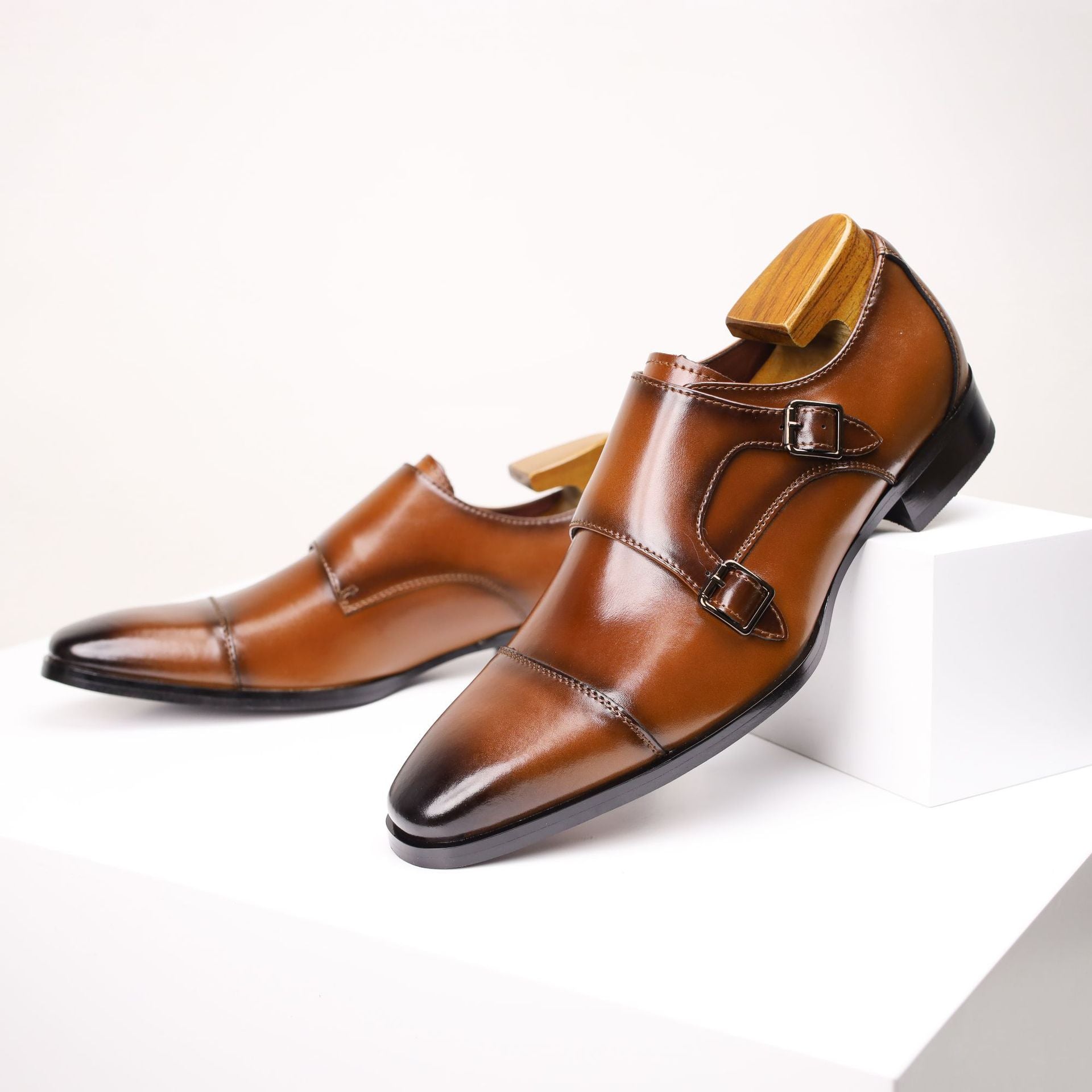 Mens Genuine Leather Double Buckle Monk Shoes