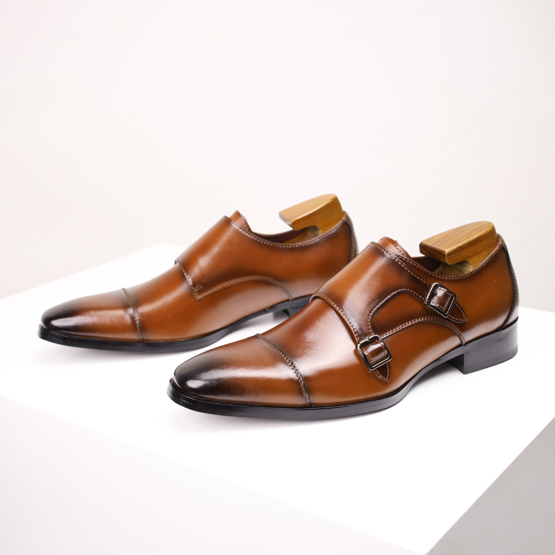 Mens Genuine Leather Double Buckle Monk Shoes