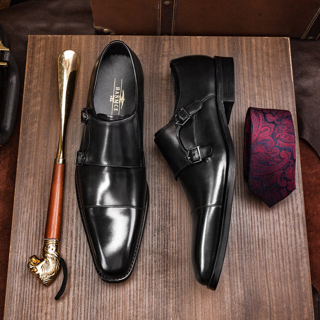 Mens Double Buckle Leather Monk Shoes