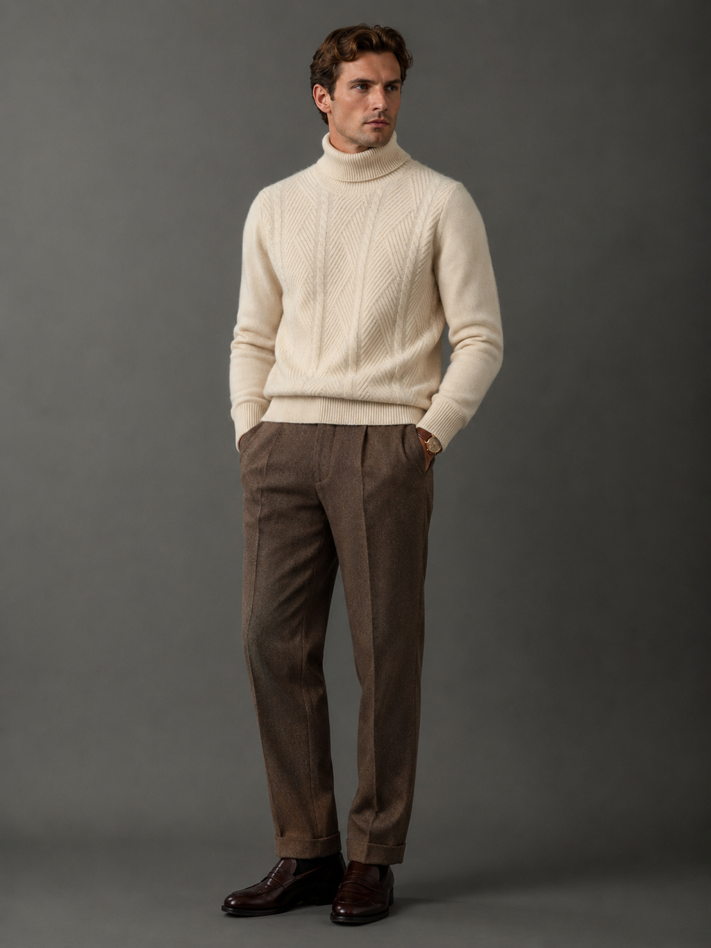 Merino Wool Sweater Men High Lapel Jacquard