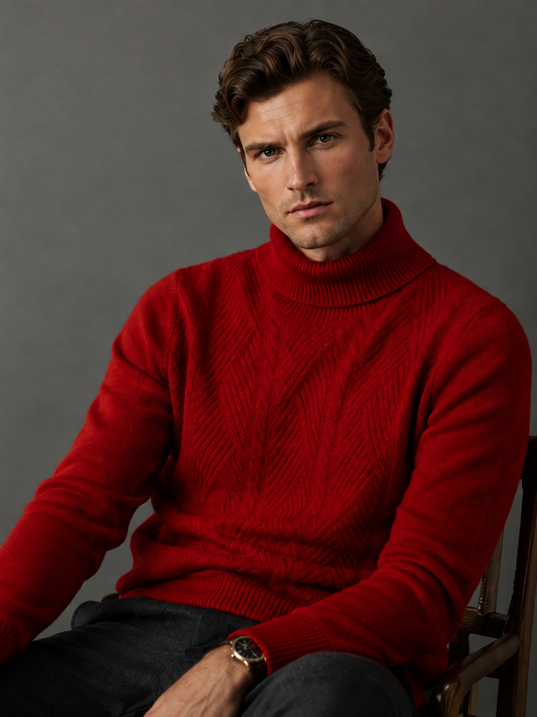 Merino Wool Sweater Men High Lapel Jacquard