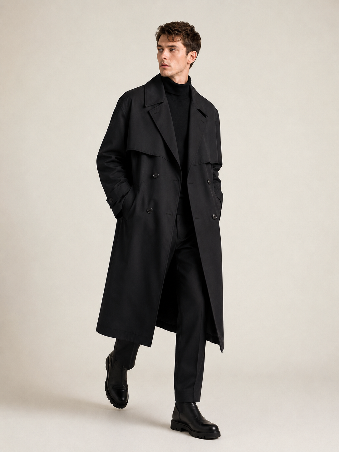 Mens Long Double Breasted Trench Coat