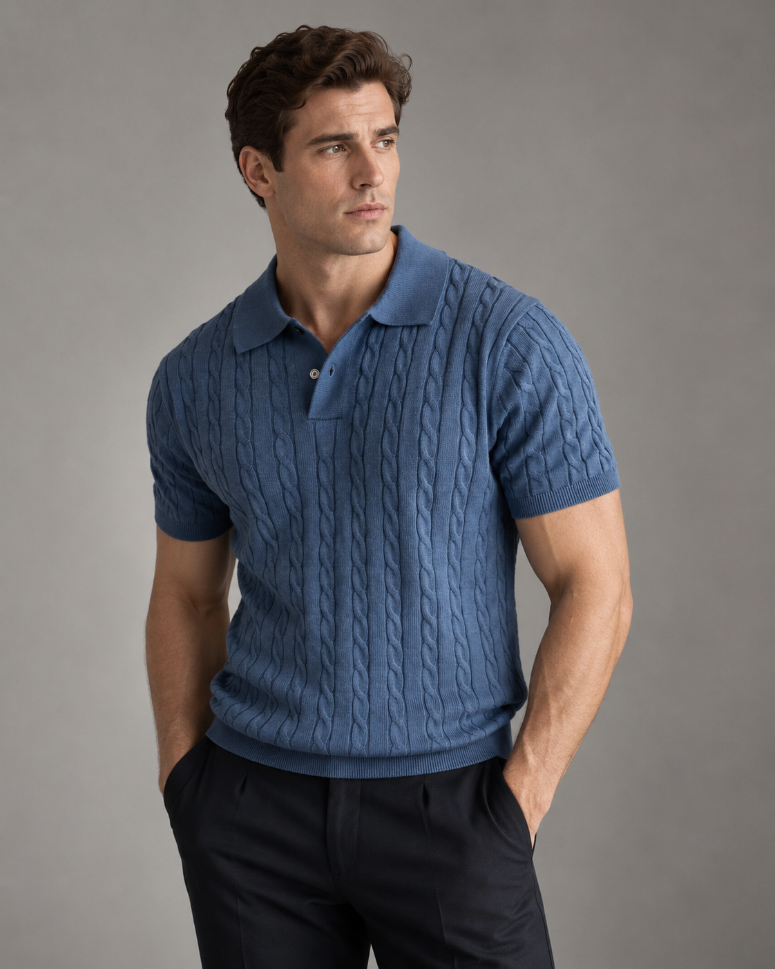 Mens Cable Knit Polo Shirt