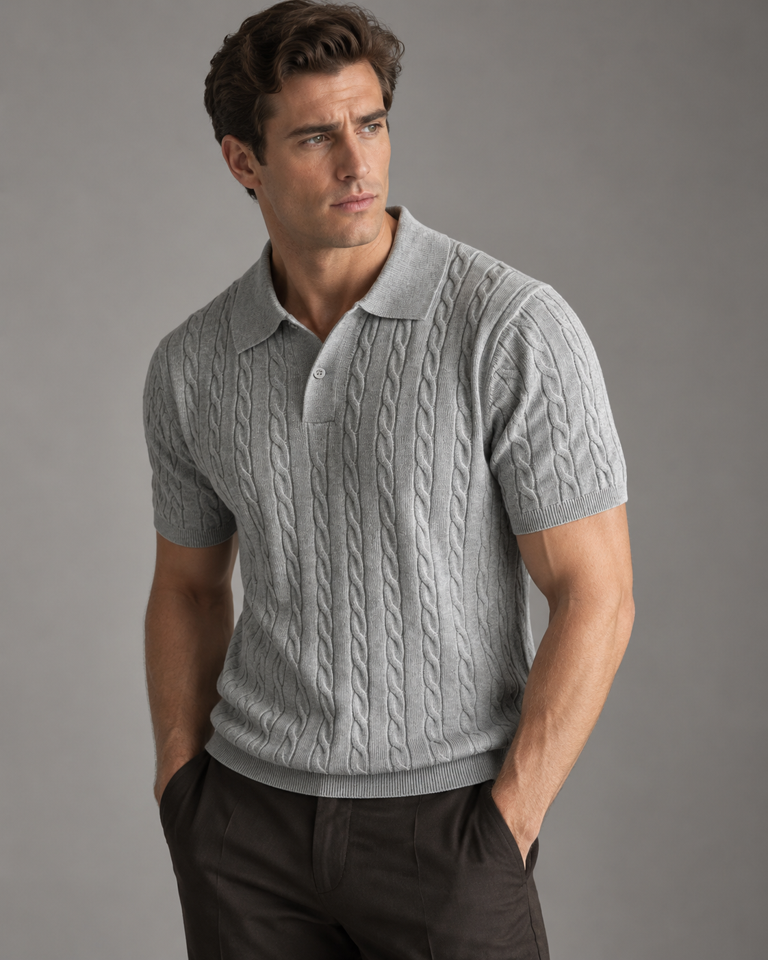 Mens Cable Knit Polo Shirt