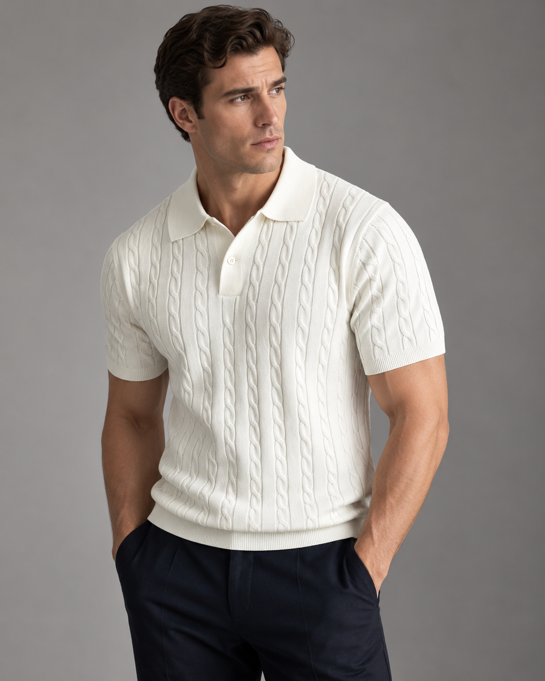 Mens Cable Knit Polo Shirt