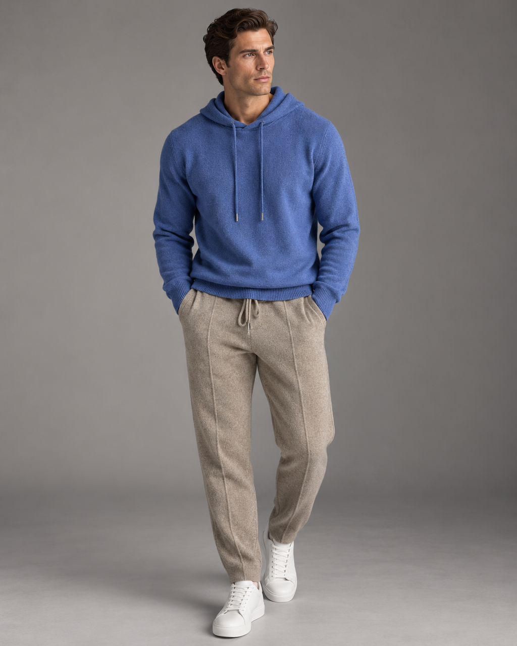 Mens Hooded Cashmere Blend Long Sleeve Knit Pullover