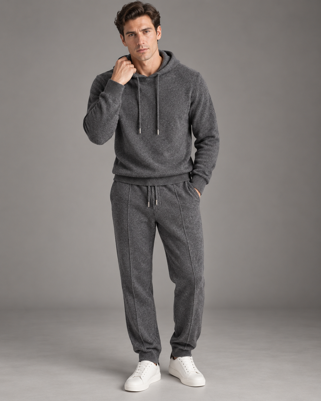 Mens Hooded Cashmere Blend Long Sleeve Knit Pullover