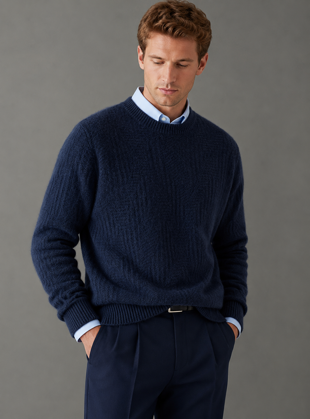 Mens Merino Wool Jacquard Crew Neck Sweater