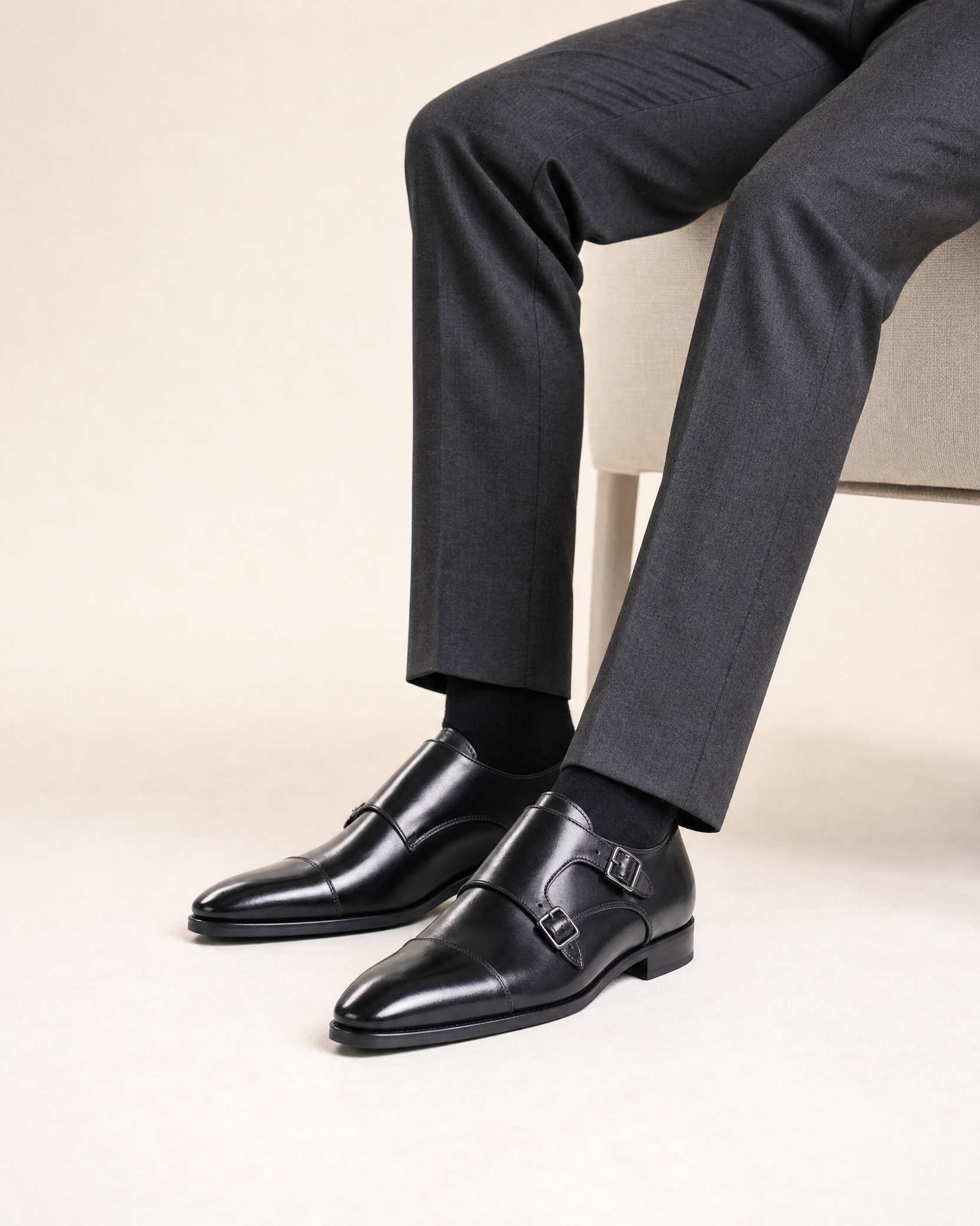 Mens Genuine Leather Double Buckle Monk Shoes