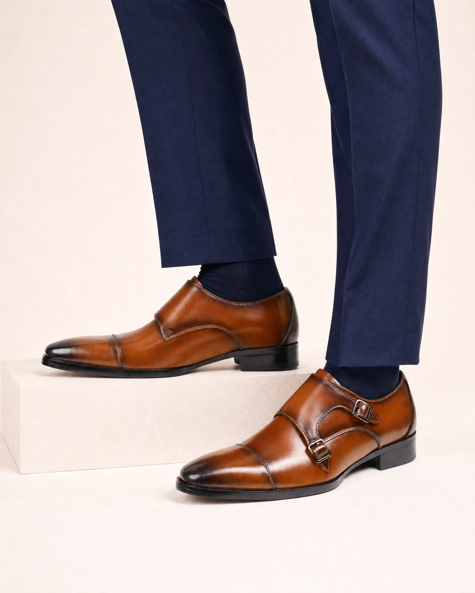 Mens Genuine Leather Double Buckle Monk Shoes