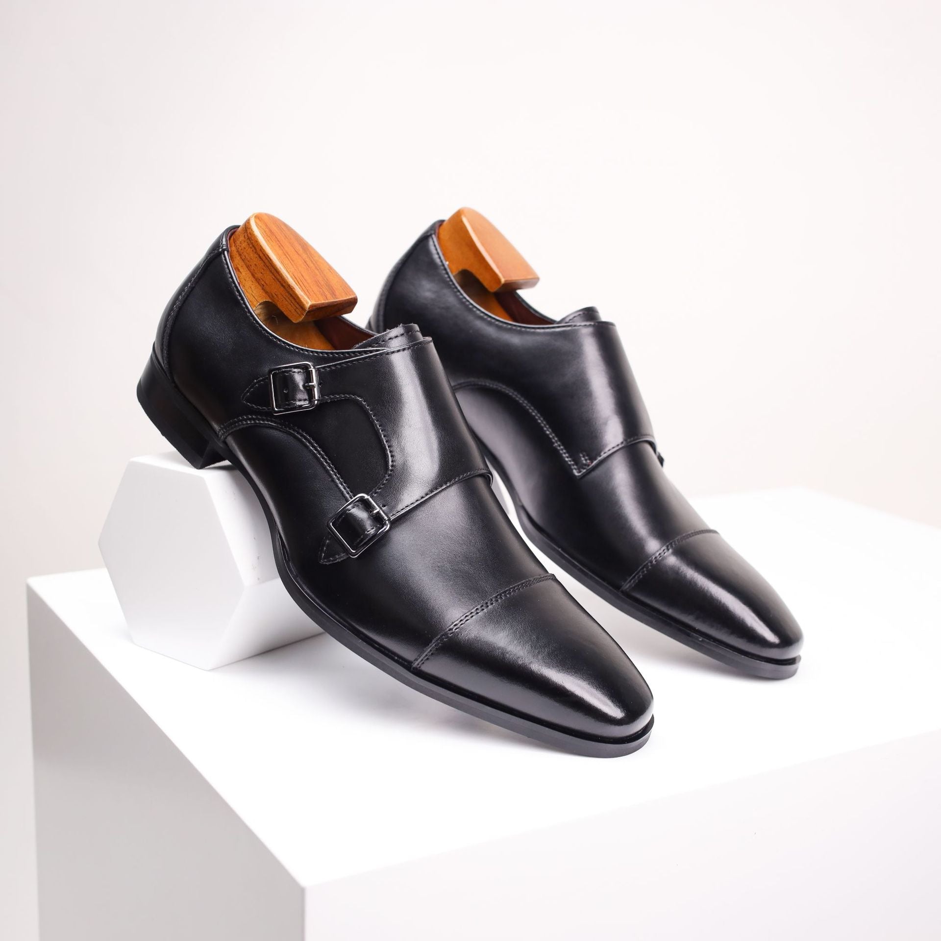 Mens Genuine Leather Double Buckle Monk Shoes