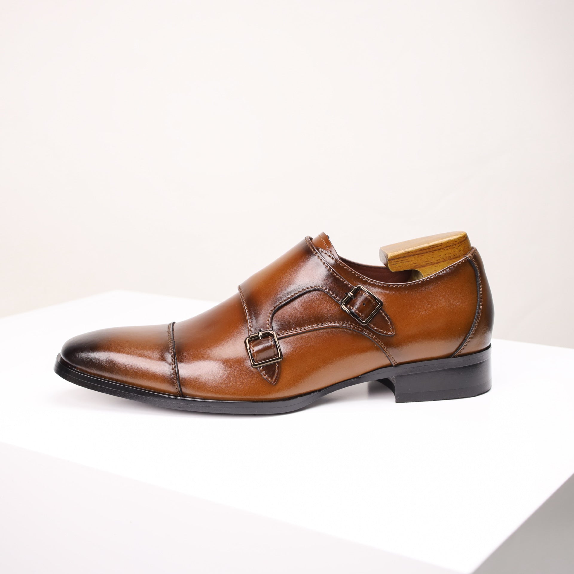 Mens Genuine Leather Double Buckle Monk Shoes