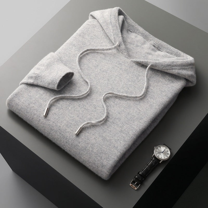 Mens Hooded Cashmere Blend Long Sleeve Knit Pullover