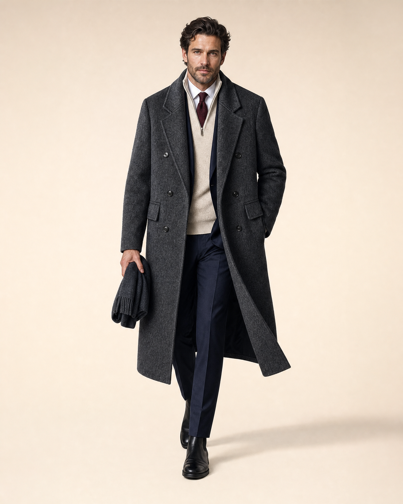 Double Breasted Over-The-Knee Length Wool Overcoat