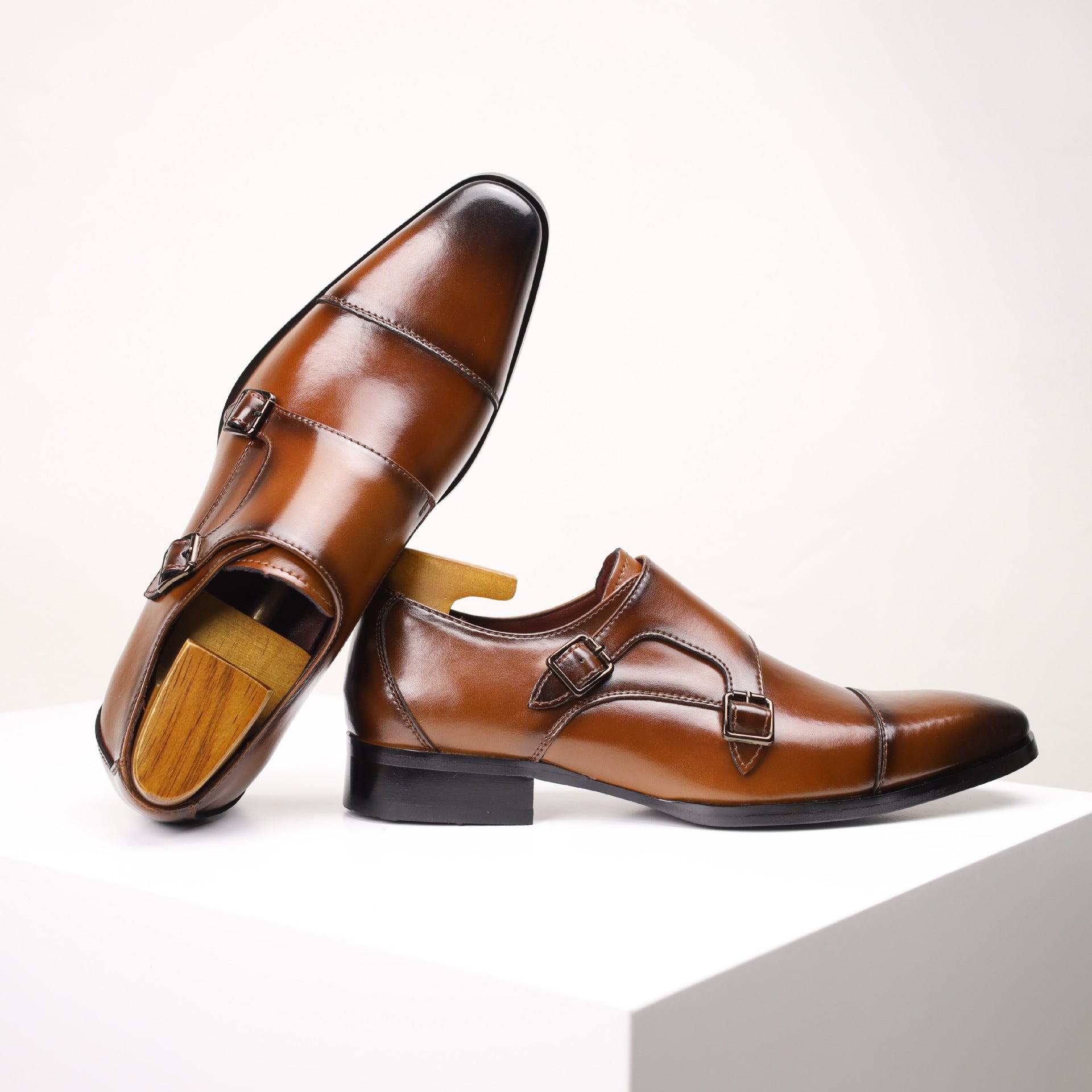 Mens Genuine Leather Double Buckle Monk Shoes