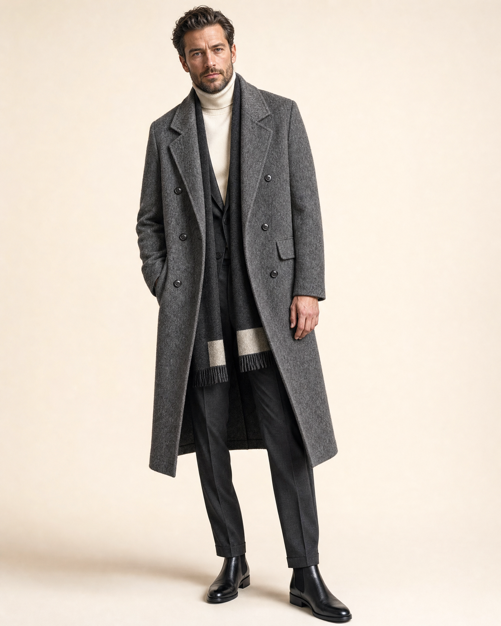Double Breasted Over-The-Knee Length Wool Overcoat
